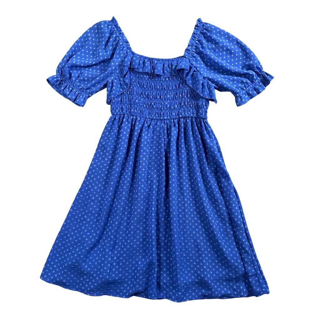 Indigo Rose Smocked‎ Puff Sleeve Mini Dress Cottagecore Clip Dot Blue PS